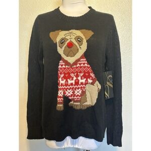 NWT* Absolutely Famous Christmas Pullover Sweater Pug Dog Size Medium Black
